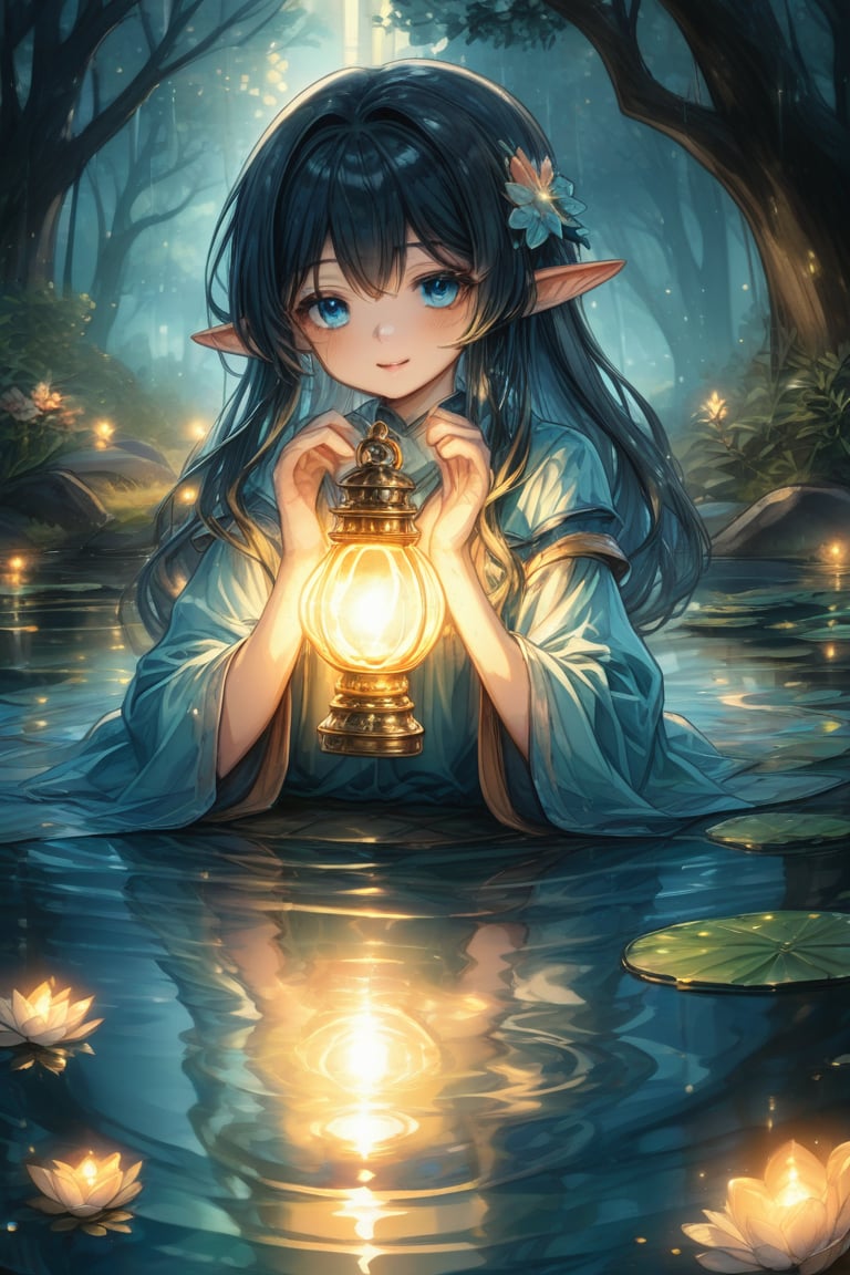 Prompt: Soft focus captures an otherworldly anime spirit girl suspended above a serene mystical pond. Her upper body aglow with a gentle blue light, she cradles a dainty lantern in her hands as it floats effortlessly beside her. The surrounding environment is bathed in a warm, golden hue, with ripples on the water's surface mirroring the soft glow of the lantern.,
