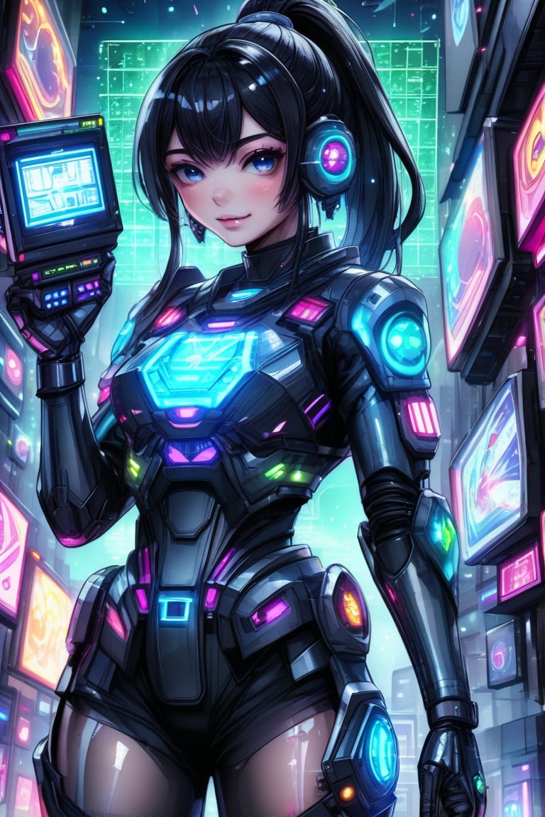 Prompt: A futuristic, anime girl with neon, glowing tattoos, her upper body encased in sleek, cybernetic armor, holding a holographic display, with floating data screens around her,
