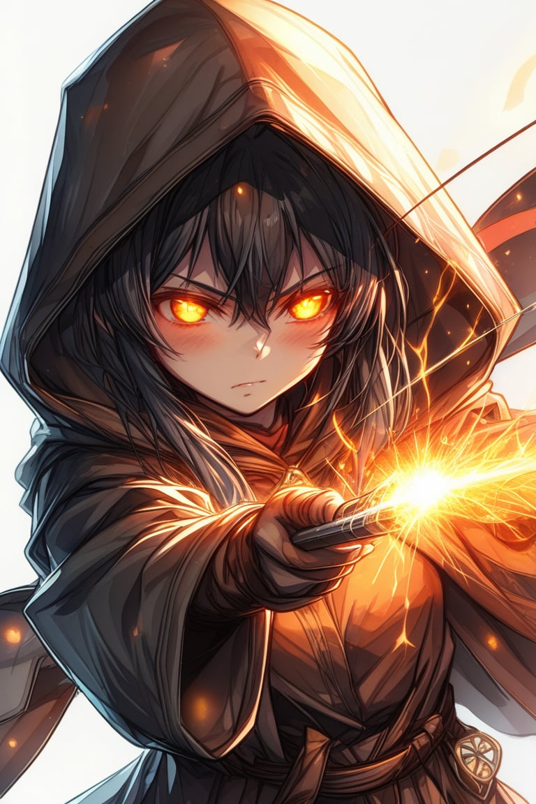 A determined, anime girl in a hooded cloak, her upper body partially obscured, as she draws a bow, aiming an arrow, glowing with fiery magic, at a distant target.,
