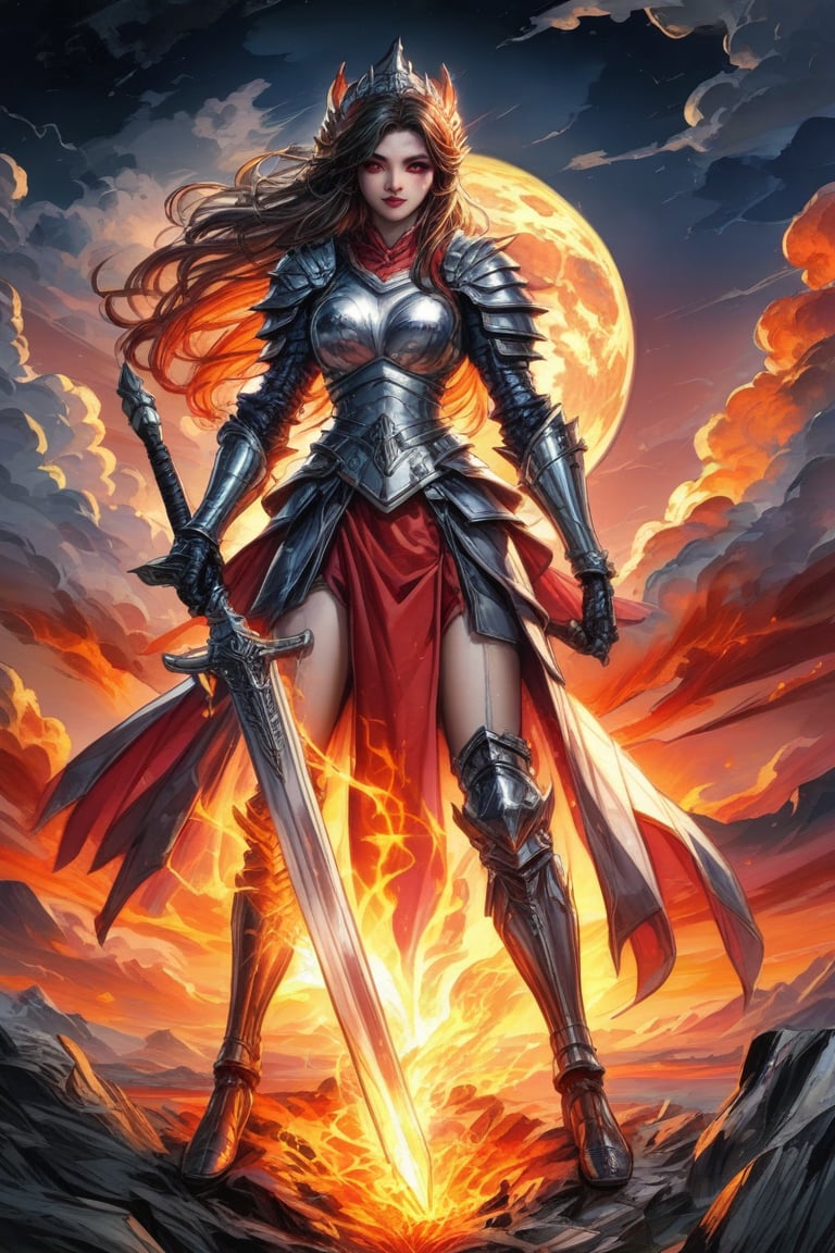 Prompt: A warrior princess stands strong, upper torso centered, donning intricately crafted silver armor that shines like the moon. Her piercing gaze burns with determination as she grasps her gleaming sword, ready to face the turbulent skies ablaze with flames of crimson and orange hues, the fiery battle-scarred horizon serving as a backdrop for her unyielding spirit.,
