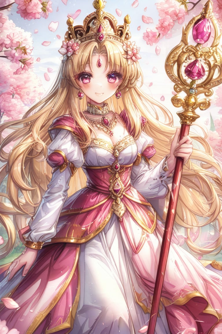 A regal, anime princess, her upper body adorned with a golden, jeweled tiara, holding a scepter, with a radiant crystal, surrounded by softly falling, cherry blossom petals,
