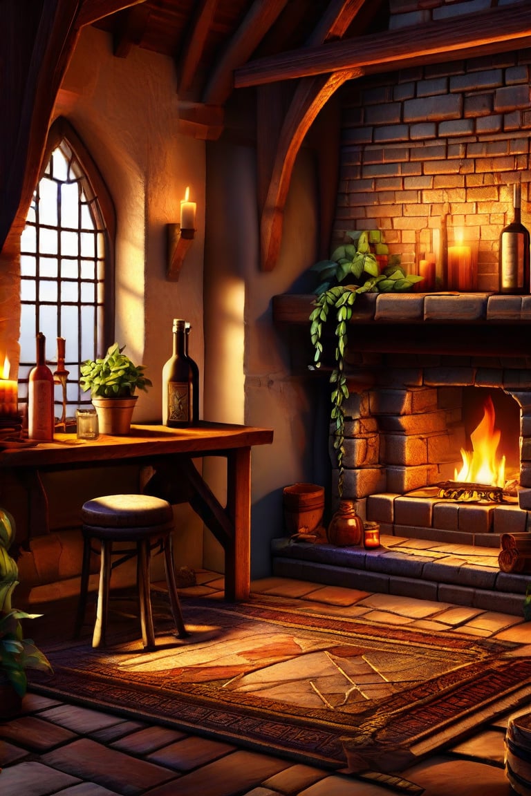 mdvl, A medieval-themed interior scene: a warm, sunlit room with a wooden floor and exposed brick walls. A chair sits beside a table, adorned with a candlestand and a bottle, while a plant thrives on the tabletop. The room is illuminated by a window and the soft glow of a fireplace, where a crackling fire crackles beneath a tile hearth. A rug covers part of the floor, leading to a barrel in the corner, placed atop a brick-walled backdrop.