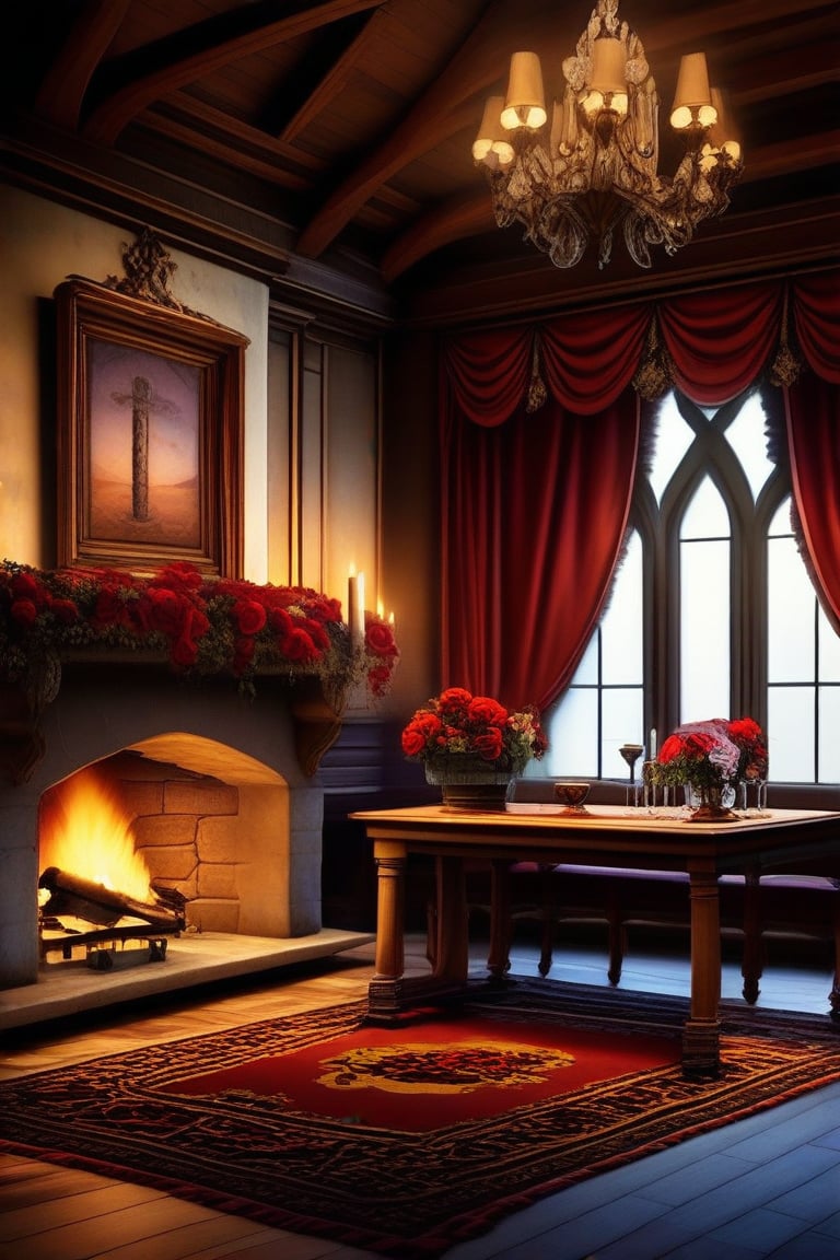 mdvl, flower, indoors, no humans, window, rose, table, fire, curtains, scenery, vase, carpet, rug, chandelier, tablecloth, fireplace