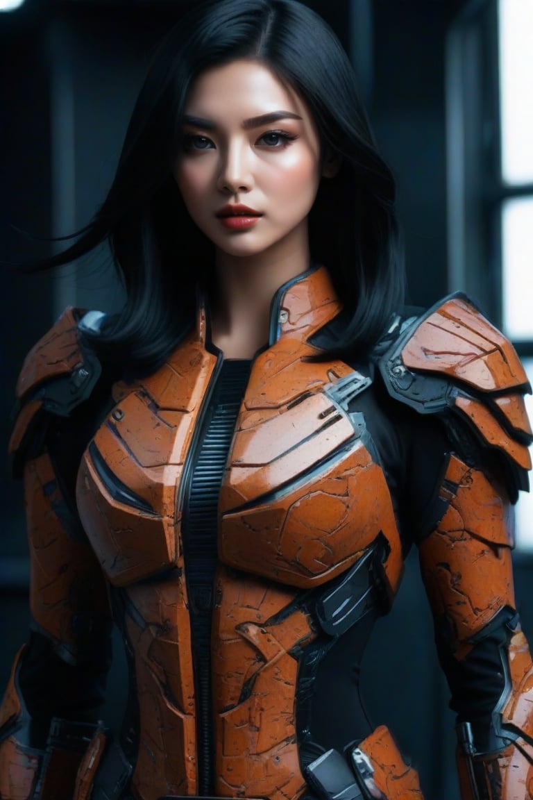 masterpiece, best quality, 1girl, solo, looking at viewer, black hair, standing, cowboy shot, black background, FuturEvoLabMecha, FuturEvoLabCyberpunk, FuturEvoLabCity, FuturEvoLabAnime, 