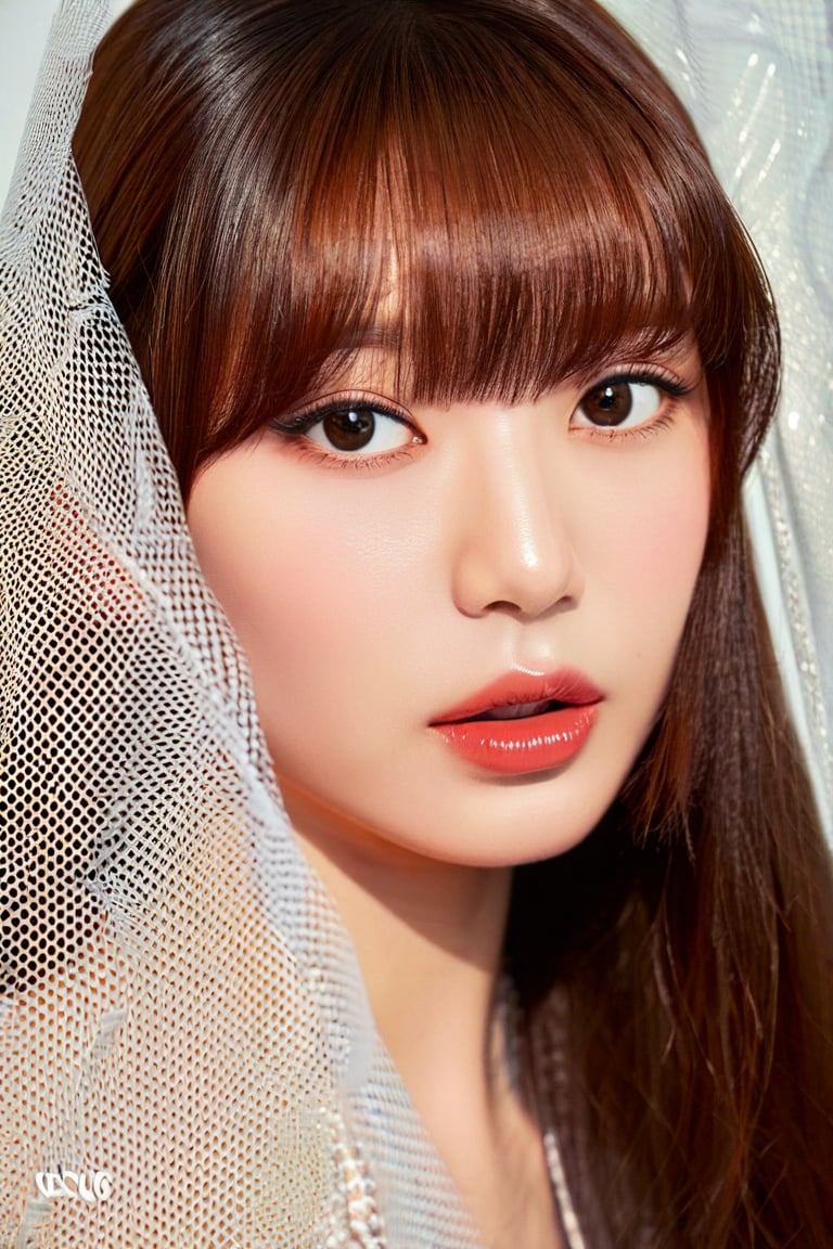 hubggirl, Cinematic Photo of a beautiful korean fashion model, long hair, make up, sexy, mesh, looking at viewer, bangs, bronze hair, brown eyes, parted lips, blunt bangs, lips,