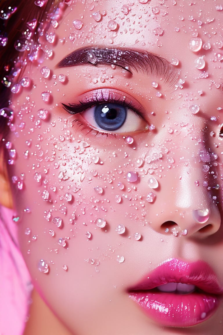 Beautiful (bright, big and vivid eyes) girl. She is very badass and wears very luxurious clothes. Detailed image, detailed skin, upper body, looking at the viewer. Light pink gradient background, water drops, ((Masterpiece: 1.2)), light particles, background ink drops, 