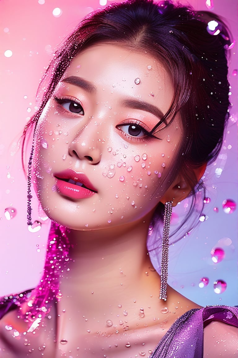 Beautiful (bright, big and vivid eyes) girl. She is very badass and wears very luxurious clothes. Detailed image, detailed skin, upper body, looking at the viewer. Light pink gradient background, water drops, ((Masterpiece: 1.2)), light particles, background ink drops, 