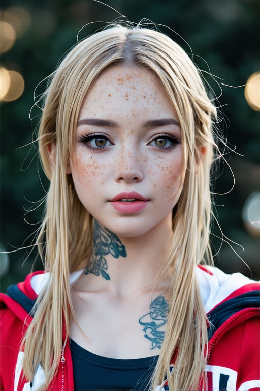 masterpiece portrait, Hyperrealistic, stunning beauty, high detail, cinematic photo Medium format photography, Anime girl digital artwork, A woman in her 20s, looking at the camera, she has freckles, blue eyes, she has Lush blonde hair, tattoos on neck, wearing a black hoodie, highly detailed, best quality, 8k uhd, Nikon 70d, ISO200, F/2.8, 1/25sec, 70mm . 35mm photograph, film, bokeh, professional, 4k, highly detailed
