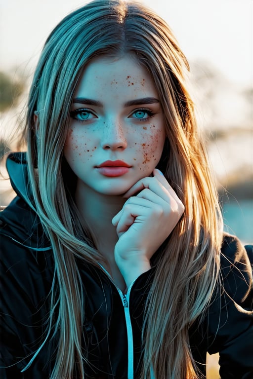 masterpiece portrait, Hyperrealistic, stunning beauty, high detail, cinematic photo Medium format photography, Anime girl digital artwork, A woman in her 20s, looking at the camera, she has freckles, blue eyes, she has Lush blonde hair, tattoos on neck, wearing a black hoodie, highly detailed, best quality, 8k uhd, Nikon 70d, ISO200, F/2.8, 1/25sec, 70mm . 35mm photograph, film, bokeh, professional, 4k, highly detailed
