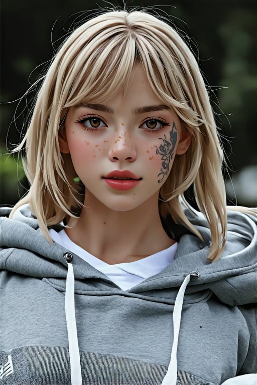 masterpiece portrait, Hyperrealistic, stunning beauty, high detail, cinematic photo Medium format photography, Anime girl digital artwork, A woman in her 20s, looking at the camera, she has freckles, blue eyes, she has Lush blonde hair, tattoos on neck, wearing a black hoodie, highly detailed, best quality, 8k uhd, Nikon 70d, ISO200, F/2.8, 1/25sec, 70mm . 35mm photograph, film, bokeh, professional, 4k, highly detailed
