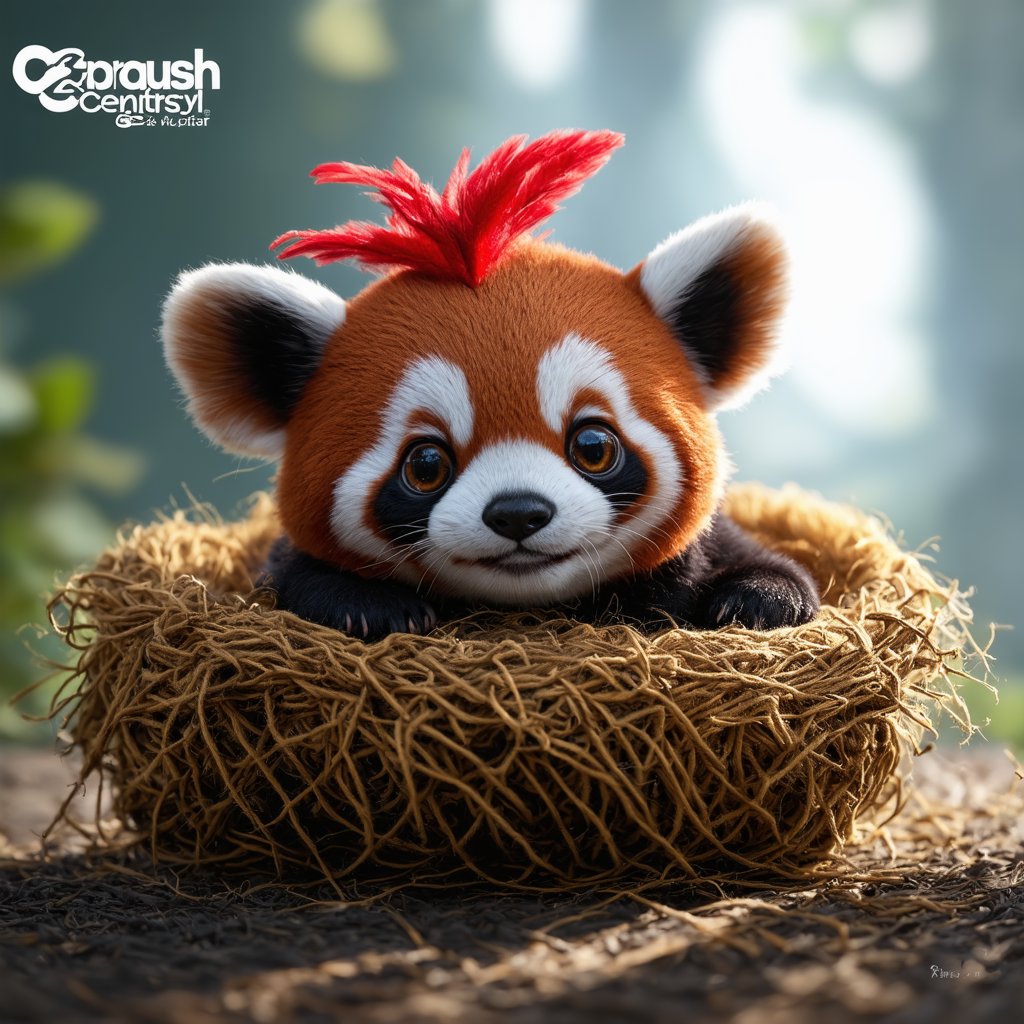 Adorable miniature crimson panda cub, snuggled in a cozy nest of hand-knitted yarn. The texture of soft wool and delicate feathers intertwined. Its large, expressive chibi-style eyes glisten with innocence. A striking red feathered mohawk adds a touch of whimsy to its appearance. This little creature exudes a sense of friendliness and charm. The scene is crafted with the imaginative flair of CGSociety and ZBrush Central, rendered in high-definition fantasy style. The artwork boasts an 8K resolution and 64 megapixels, with HDR enhancements that bring out a shiny, reimagined concept akin to the works of Industrial Light & Magic. The final image is sharp, focused, with a rich tapestry of vibrant colors, ensuring a clear and captivating visual experience.