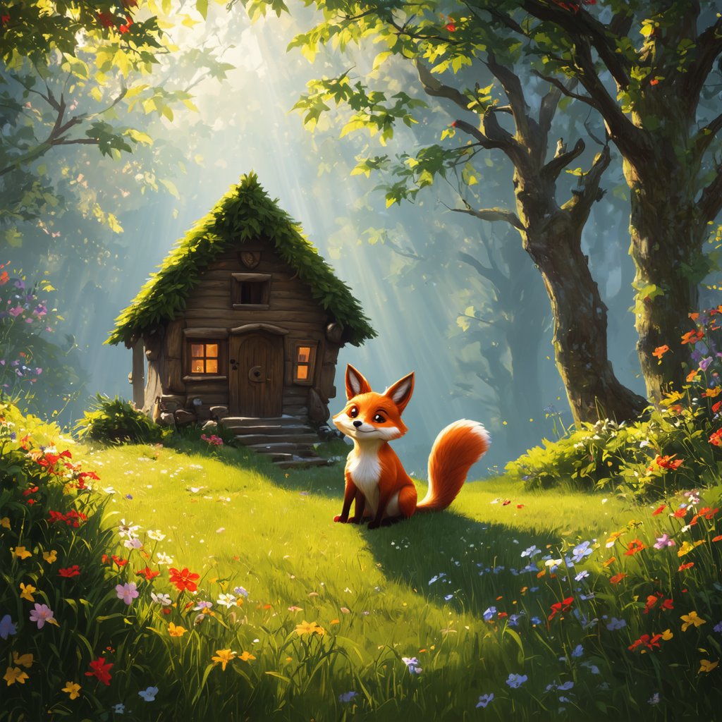 A whimsical fairytale shot of a cute fox sitting in front of a charming, little wooden house nestled in a magical forest. The scene is illuminated by soft morning sun rays filtering through the leaves, casting dappled light on the vibrant, colorful flowers surrounding the house. The forest is lush and enchanting, with hints of moss on the ground and tree trunks, creating a serene and inviting atmosphere.