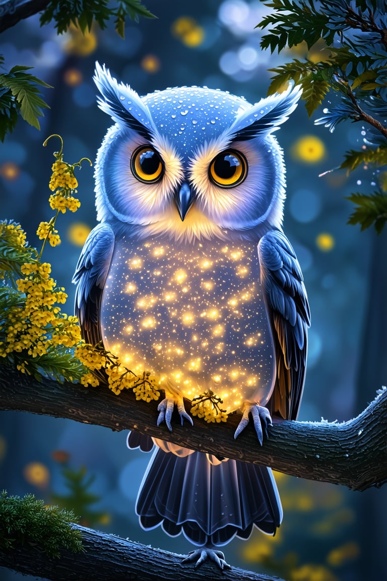 glittering night, cuteness overload, forest background, photography cute transparent ghostly happy dreamy owl sitting on a tree branch filled with detailed tiny mimosa flowers inside fully transparent body, detailed transparent feathers, bioluminescence, leaves, ethereal,  ice fairytale fantasy,by Andy Kehoe, water drops, dynamic pose, tender, soft pastel colors