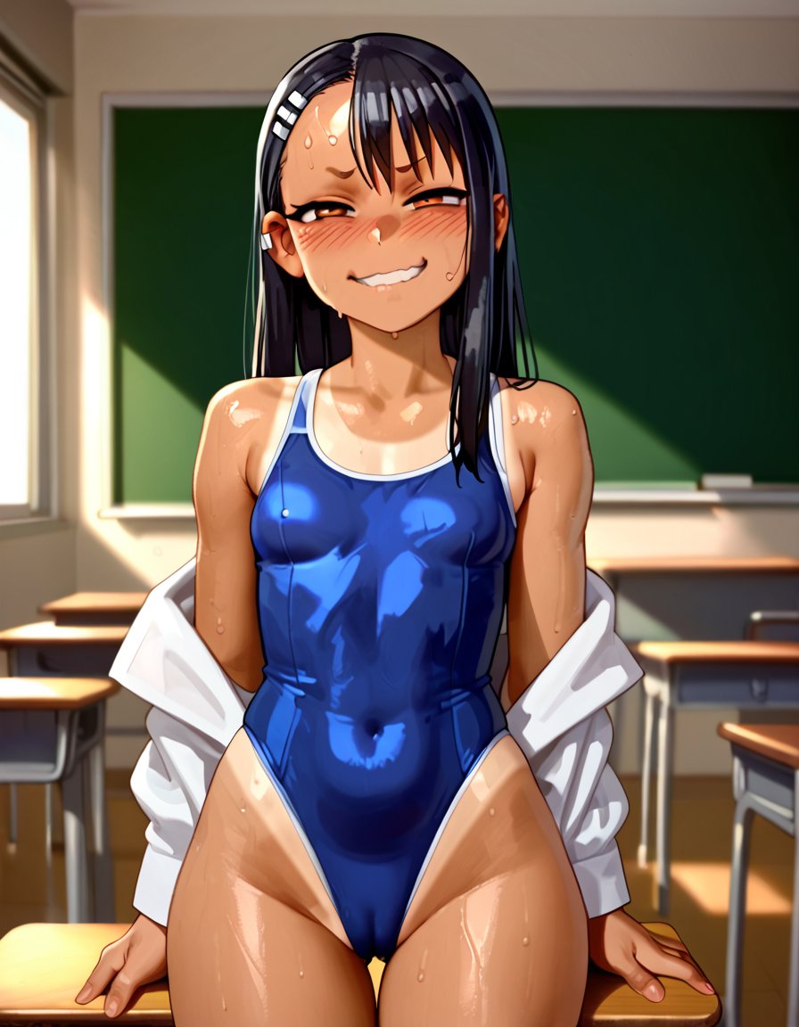  score_9 up, score_8_up, score 7 up, 1girl, nagatoro, tanlines, leotard, classroom, smug, sweating, blush