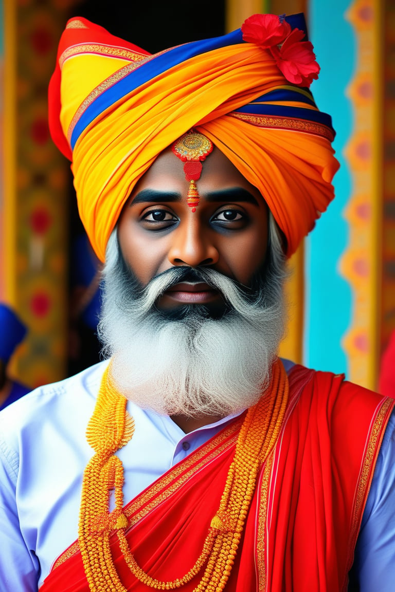 A man in a traditional Indian turban, vibrant colors, cultural pride