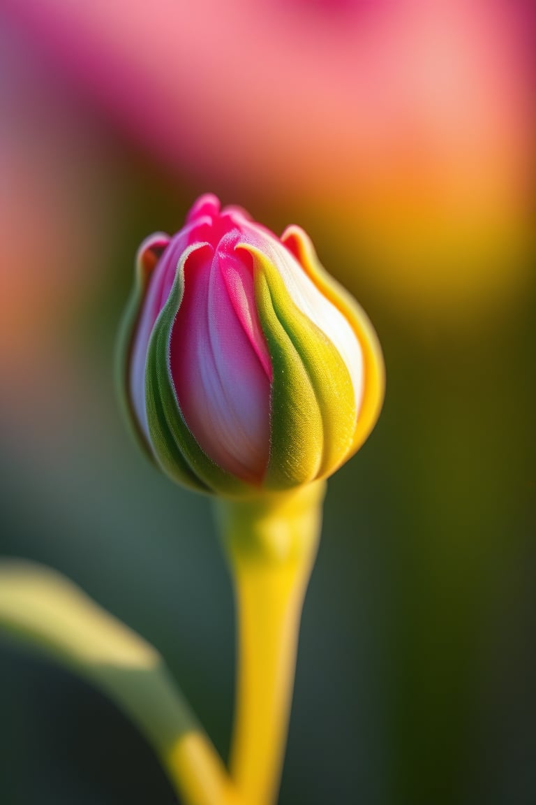 A close-up shot of a delicate flower bud slowly unfurling its petals over a 10-minute span. The camera zooms in on the intricate details as the petals unfold, revealing the vibrant colors and texture. Soft morning light casts a warm glow on the scene, emphasizing the gentle unfolding. The background is blurred, focusing attention on the flower's transformation from tight bud to full bloom.