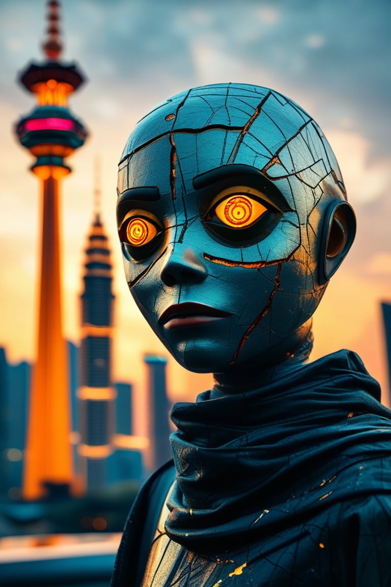 Cinematic still, Kintsugi Malaysian (White dwarf:1.2) , it is forged by Adobe, it is anthropomorphic with a face, Telecommunications tower in background, at Dusk, Bokeh, Clockpunk, (Amber and contrasting colors:0.7)