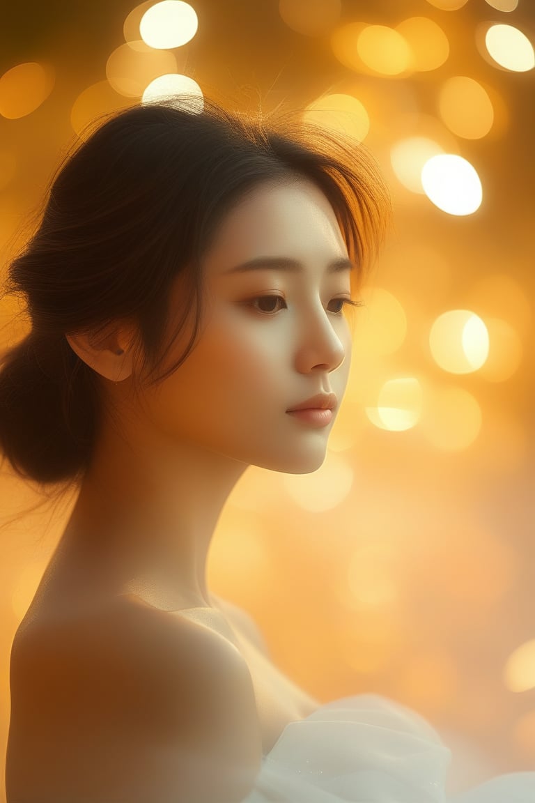 A serene subject sits elegantly against a dreamy bokeh background, where soft focus lights blur into gentle hues of golden yellow and creamy white. Warm tones envelop the scene, casting a soothing glow on the subject's skin, as they gaze softly into the distance with a hint of contemplation.