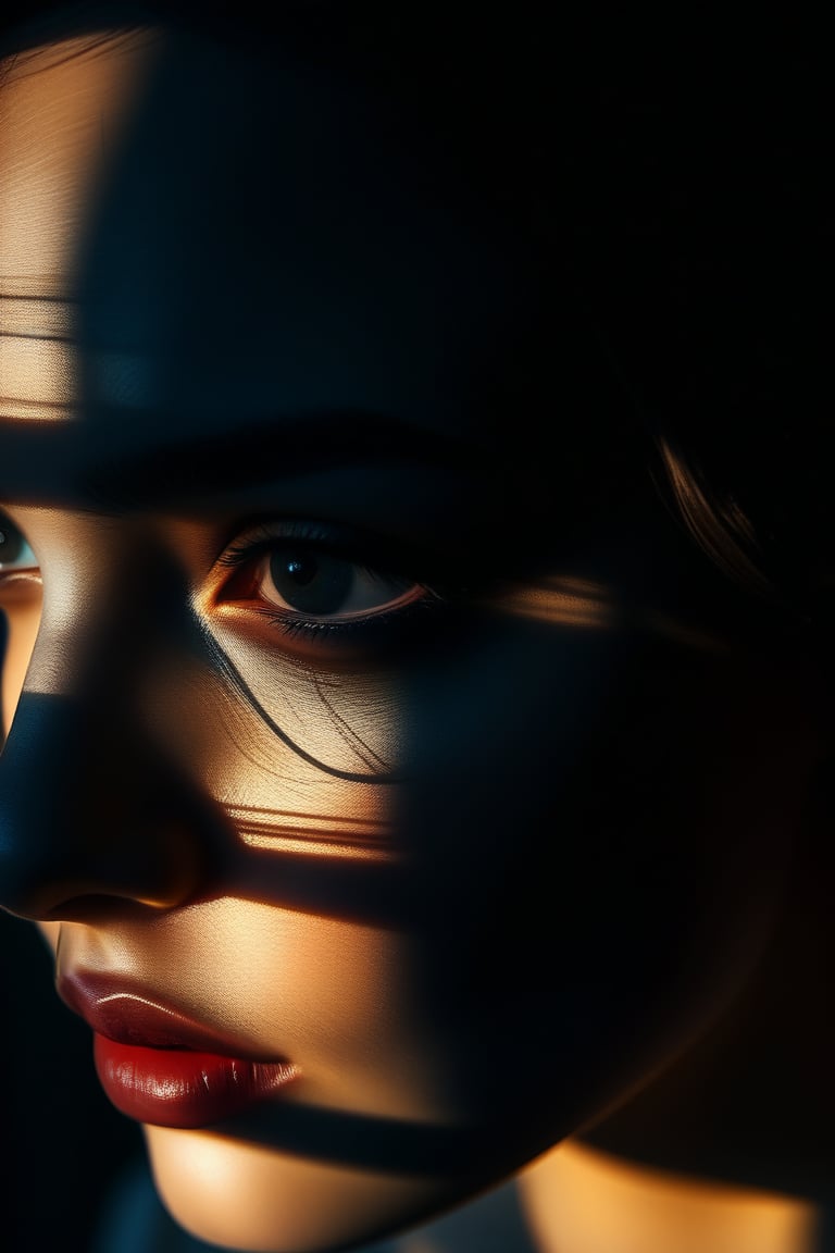 A close-up shot of a person's face, with one side cast in deep shadows, creating an air of intrigue and mystery. The subject's eyes gleam in the faint light, hinting at secrets kept hidden. Soft focus surrounding their illuminated features adds to the enigmatic atmosphere.