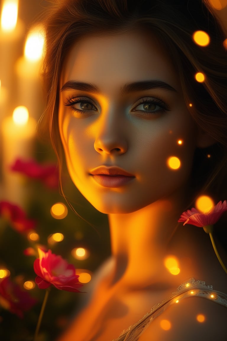 A serene portrait of a gentle soul, softly lit with a warm glow, set against a stunning bokeh background of blurred flowers and candlelight, creating a dreamy atmosphere. The subject's face is bathed in a golden aura, their features radiant and peaceful.