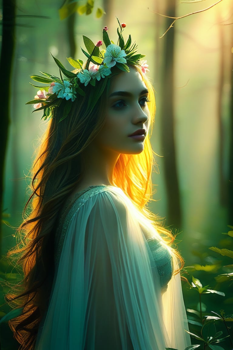  A serene forest clearing bathed in warm sunlight, softly filtering through the leafy canopy above. A majestic woman, adorned with a delicate crown of fresh flowers, stands at the center, her porcelain skin radiant against the lush greenery. Her ethereal beauty is further enhanced by the misty veil of morning dew clinging to her hair and shoulders, as if kissed by the gentle forest spirits.