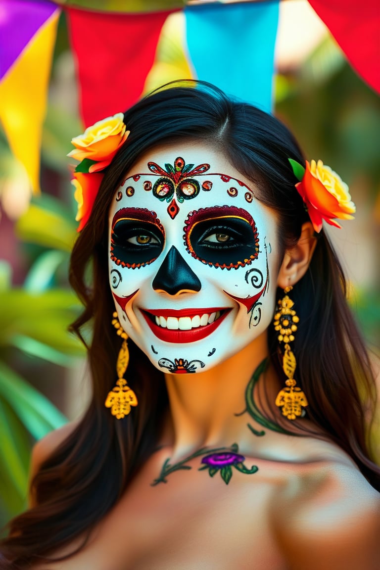 A woman's radiant features are framed by a vibrant sugar skull makeup design, intricately painted with a subtle smile and delicate details, as she stands proudly amidst a festive Dia de los Muertos backdrop of colorful papel picado and lush greenery. Soft golden light illuminates her profile, highlighting the elaborate skull artwork.