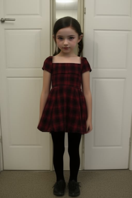 full body image , very scared,little girl, (6 years old), with makeup, 45H1YN