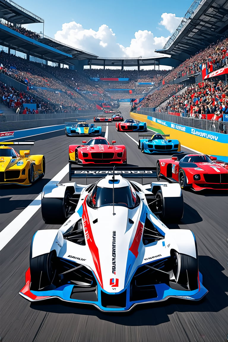 A high-energy digital artwork of a futuristic racing event, with sleek, high-speed vehicles on a neon-lit track, the crowd cheering, and the racers in dynamic poses, conveying the excitement and innovation of future sports. ,photography, Natural geographic photo, Hyper-realistic, 16k resolution, (masterpiece, award winning artwork), many details, extreme detailed, full of details, Wide range of colors, high Dynamic, OverallDetailXL,
