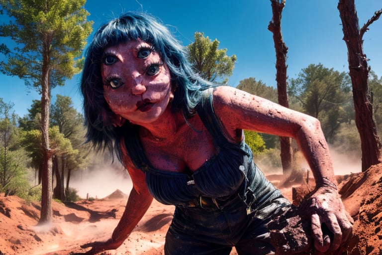 The 4 eyed alien creature   with pretty dark blue hair climbs out from a grave mud dust dirt all around her in a dark atmosphere
trees rocks behind her  