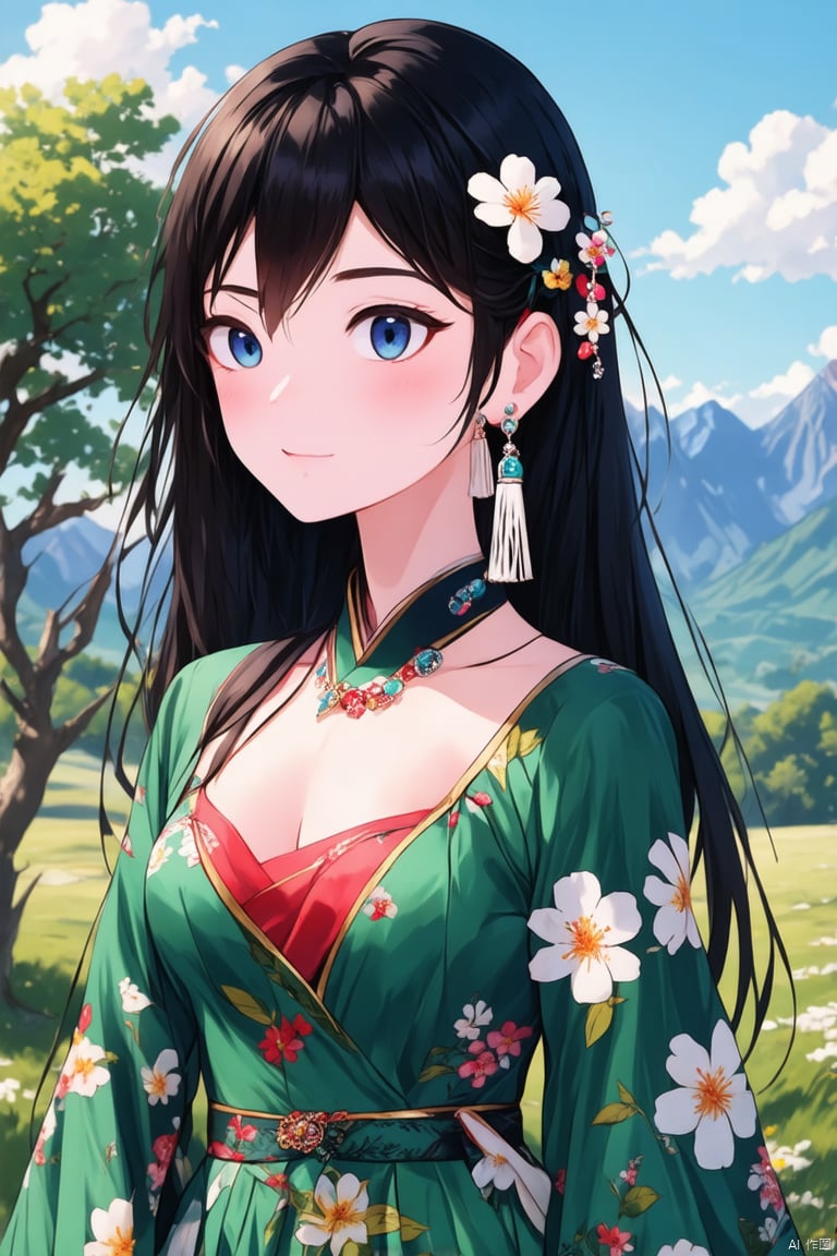 1girl, solo, long hair, breasts, looking at viewer, blush, bangs, blue eyes, black hair, hair ornament, long sleeves, dress, jewelry, upper body, flower, earrings, outdoors, parted lips, sky, day, cloud, hair flower, tree, parted bangs, watermark, chinese clothes, floral print, white flower, tassel, green dress, mountain