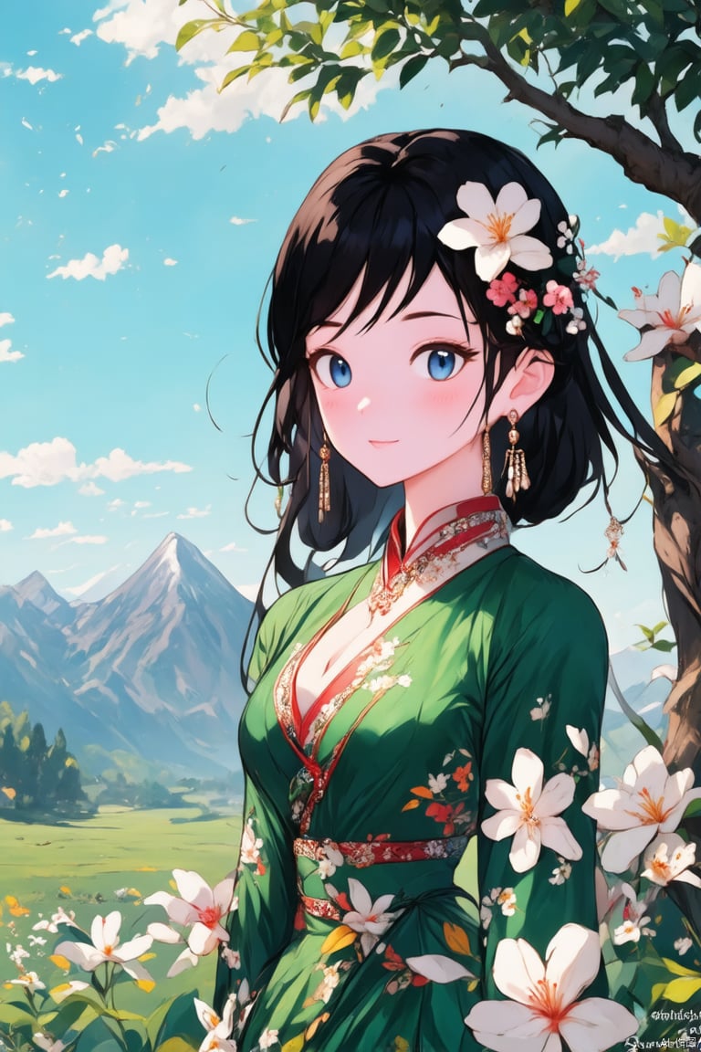 1girl, solo, long hair, breasts, looking at viewer, blush, bangs, blue eyes, black hair, hair ornament, long sleeves, dress, jewelry, upper body, flower, earrings, outdoors, parted lips, sky, day, cloud, hair flower, tree, parted bangs, watermark, chinese clothes, floral print, white flower, tassel, green dress, mountain