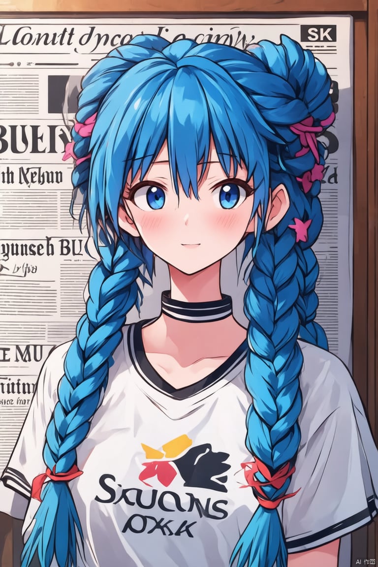 High quality, multi detail, 1 girl, all blue hair, blue hair, pink hair, braids, double braids, blue braids, blue braids, long hair, pompadu hair, bangs, big bangs, silly hair, big silly hair, fluffy hair, T-shirt, upper body, exquisite face, clear eyes, sapphire eyes, newspaper wall, clear newspaper content, 8k, HD