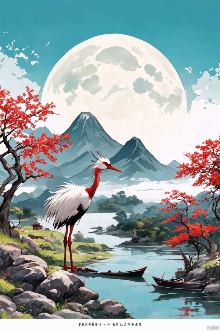 Chinese archway, full moon, (light and elegant colors in the picture), Chinese classical architecture, red crowned crane, overlooking mountains from afar, high-rise building, (white background: 1.1), ink painting, foreground of osmanthus tree, distant lake, riverbank with some rockeries and stones, red maple trees, and small boats on the river surface,Exquisite style painting, Chinese ink landscape painting