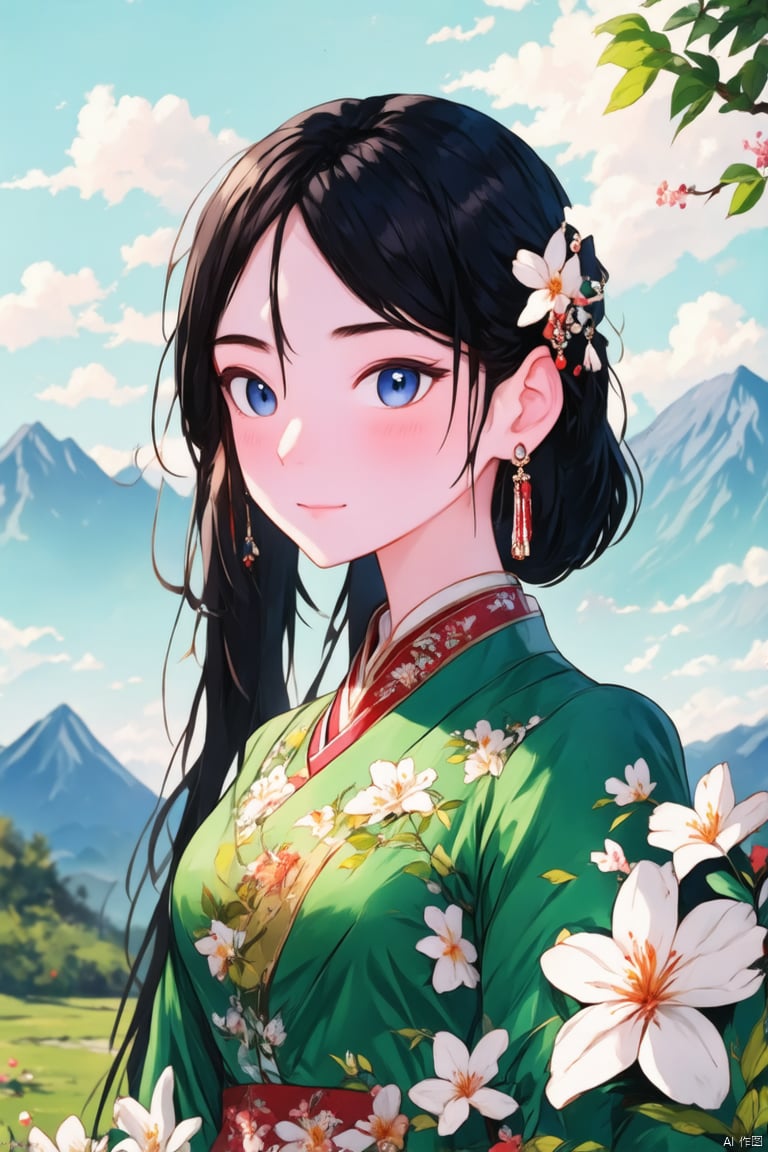 1girl, solo, long hair, breasts, looking at viewer, blush, bangs, blue eyes, black hair, hair ornament, long sleeves, dress, jewelry, upper body, flower, earrings, outdoors, parted lips, sky, day, cloud, hair flower, tree, parted bangs, watermark, chinese clothes, floral print, white flower, tassel, green dress, mountain