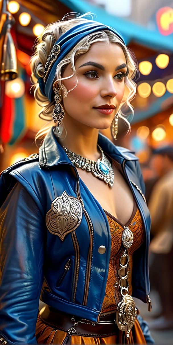 Elvish woman gypsy with short, curly blonde hair and pointed ears, turban headwrap adorned with hanging jewelry, blue and tan leather jacket featuring upturned collar and numerous buckles, set against a softly blurred market backdrop, city lights accentuating cleaver facial features, digital painting, soft glowing lights, bokeh effect, high detail, cinematic shadow play.
