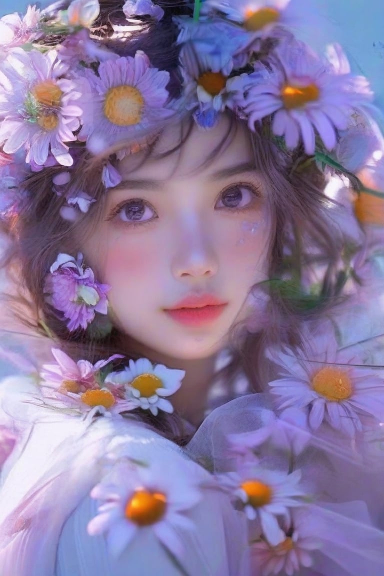 1girl, solo, looking at viewer, High quality, 8k hd, best quality, cinematic lighting, volumetric lighting, Highly Stylized whimsical flowery Portrait photograph