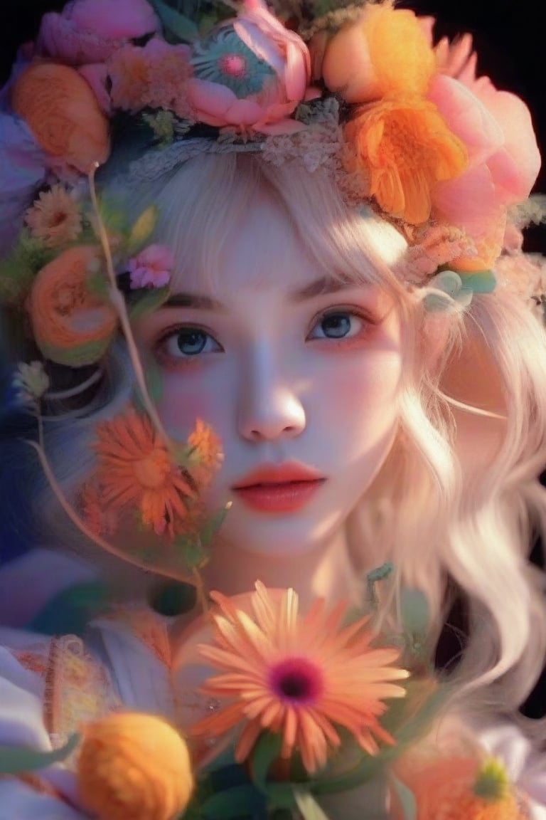 1girl, solo, looking at viewer, High quality, 8k hd, best quality, cinematic lighting, volumetric lighting, Highly Stylized whimsical flowery Portrait photograph