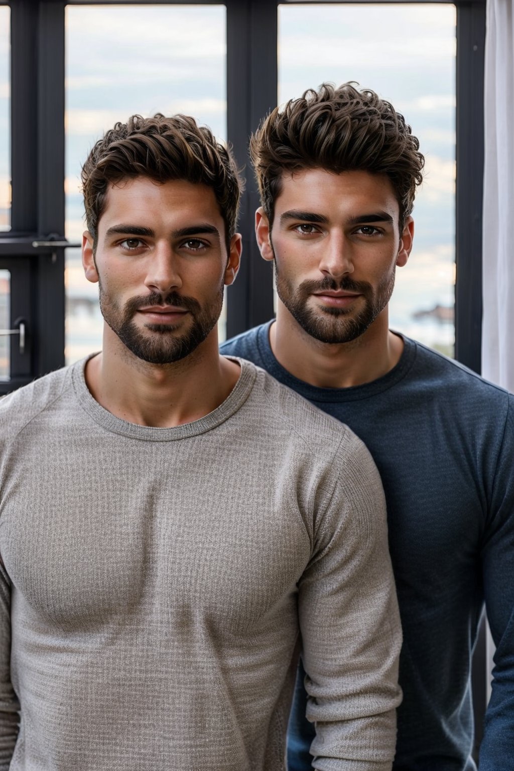 A photorealistic portrait of two young men with dark skin, one with a well-groomed beard and the other with a hint of stubble. They stand together in front of an open window, their long sleeves a stark contrast to the warm light streaming in. Brown hair frames their faces, as they gaze directly at the camera, exuding confidence and camaraderie.