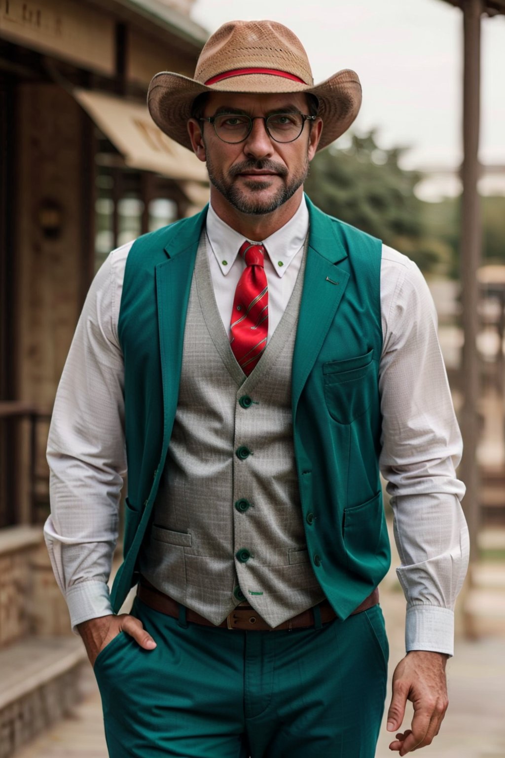 solo, shirt, long sleeves, 1boy, hat, standing, white hair, male focus, cowboy shot, necktie, glasses, pants, vest, facial hair, beard, adjusting clothes, realistic, green headwear, green shirt, mustache, old, green vest, red pants, old man,Photorealistic man,Photography