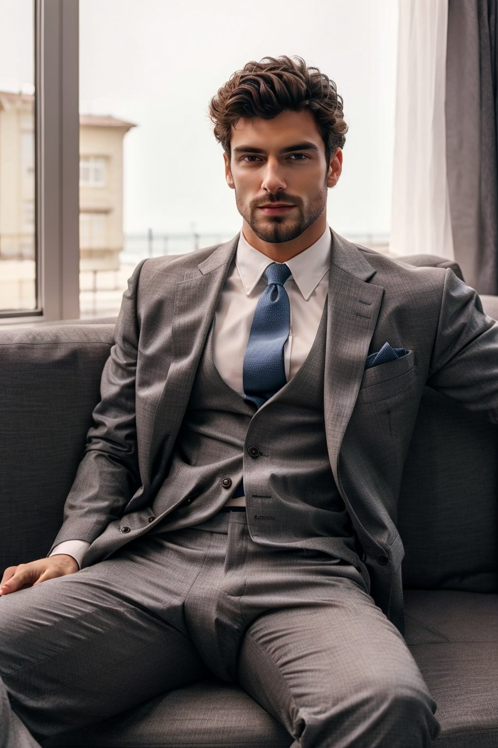 solo, looking at viewer, short hair, shirt, 1boy, sitting, jacket, male focus, necktie, pants, indoors, spread legs, window, facial hair, formal, suit, couch, beard, bulge, mature male, grey pants, on couch,Photorealistic man,Photography