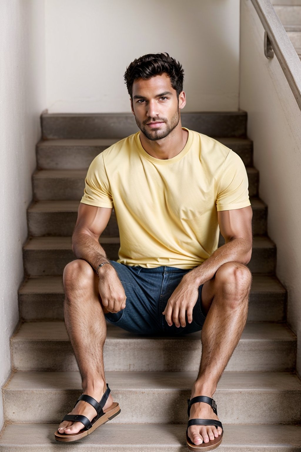 solo, looking at viewer, shirt, black hair, 1boy, sitting, full body, male focus, shorts, cosplay, facial hair, sandals, beard, yellow shirt, stairs, realistic, stubble, leg hair, sitting on stairs,Photography,Photorealistic man