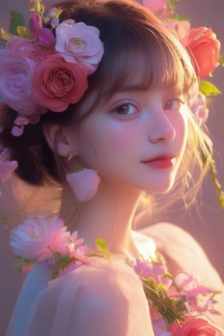 1girl, solo, looking at viewer, High quality, 8k hd, best quality, cinematic lighting, volumetric lighting, Highly Stylized whimsical flowery Portrait photograph