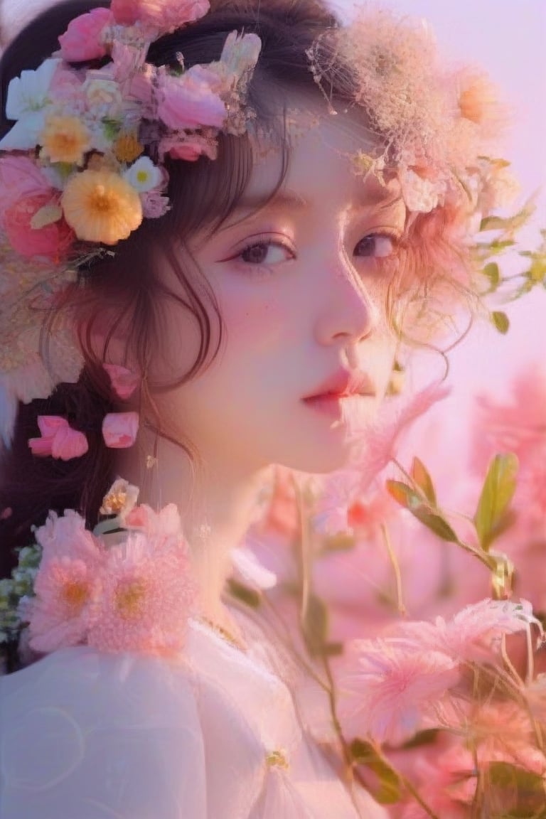 1girl, solo, looking at viewer, High quality, 8k hd, best quality, cinematic lighting, volumetric lighting, Highly Stylized whimsical flowery Portrait photograph