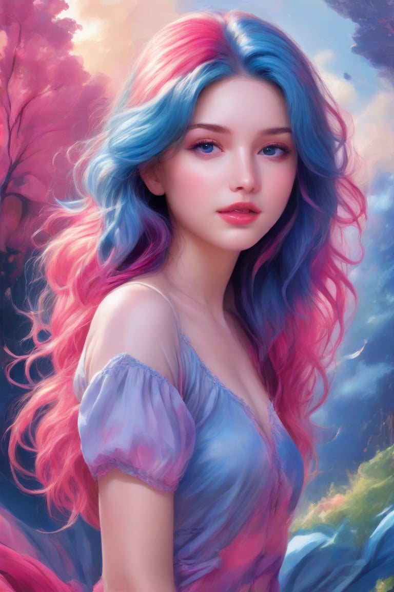 (best quality, masterpiece, ultra detailed, 8K, RAW photo), an art digital image paintiing of a beautiful student model,  a mix blue and pink medium hair style with luscious, big wavy locks framing her radiant face. Behind her, a vibrant digital abstract visuals adds a pop of color to the serene atmosphere.,Enhance,Realistic Enhance,Cartoon,Supreme,Truly Asian Beauty,1girl