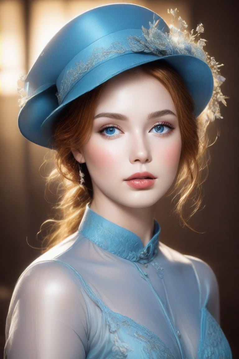 The image captures a close-up of a woman's face and upper attire. The focus is on her facial features, which include her eyes, nose, lips, and skin. She is wearing a blue hat adorned with decorative buttons, suggesting a vintage or formal style. The soft lighting enhances the texture of her skin and the subtle makeup she has applied. The image evokes a sense of elegance and sophistication.,Supreme,Truly Asian Beauty,1girl,Asian Best Face Ever