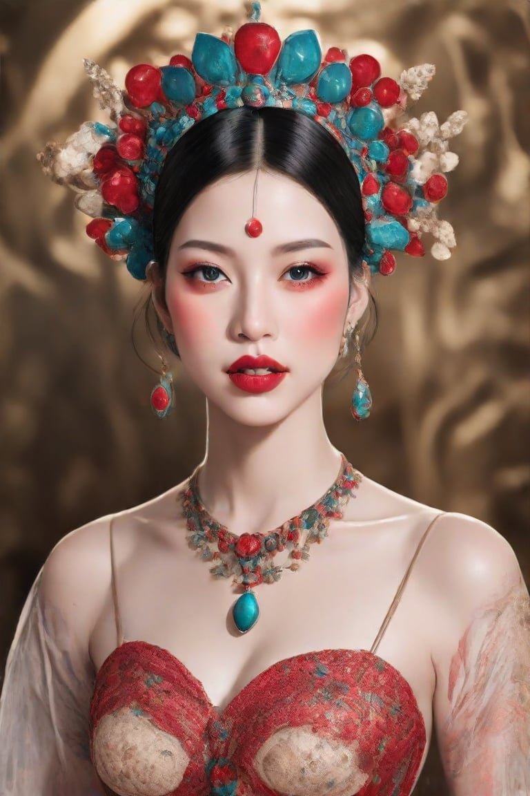 The image depicts a portrait of a person with stylized features. The individual has black hair styled in a bob cut and is adorned with an ornate headpiece featuring red and turquoise gem-like elements. The makeup is notable for its bold, red lipstick and subtle eye makeup, enhancing the person's contemplative expression. A detailed necklace with similar gem-like embellishments is visible, contributing to the overall aesthetic that suggests a blend of traditional and modern influences. The background is blurred with hints of gold tones, which serve to highlight the subject without distracting from the intricate details of the jewelry and makeup.,1girl