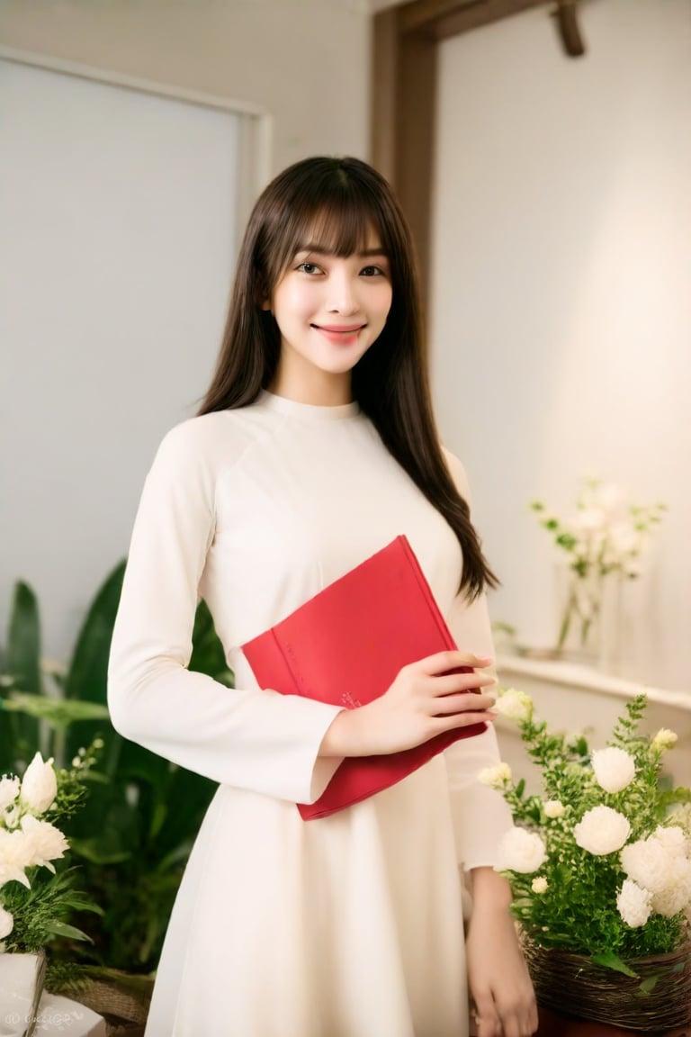 1girl, solo, long hair, looking at viewer, smile, bangs, brown hair, long sleeves, dress, holding, standing, flower, indoors, white dress, book, plant, white flower..,upreme Realistic,detailed face,Supreme,Conan