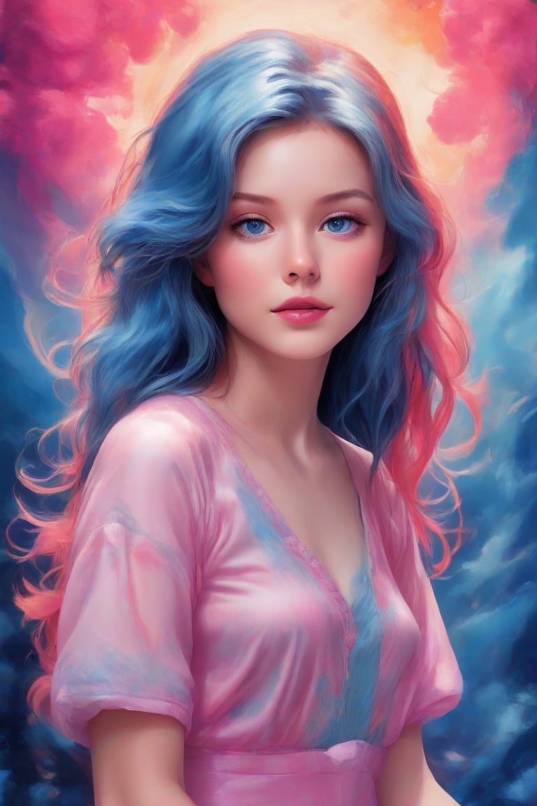 (best quality, masterpiece, ultra detailed, 8K, RAW photo), an oil paintiing of a beautiful student model,  a mix blue and pink medium hair style with luscious, big wavy locks framing her radiant face. Behind her, a vibrant digital abstract visuals adds a pop of color to the serene atmosphere.,Enhance,Realistic Enhance,Cartoon,Supreme,Truly Asian Beauty,1girl