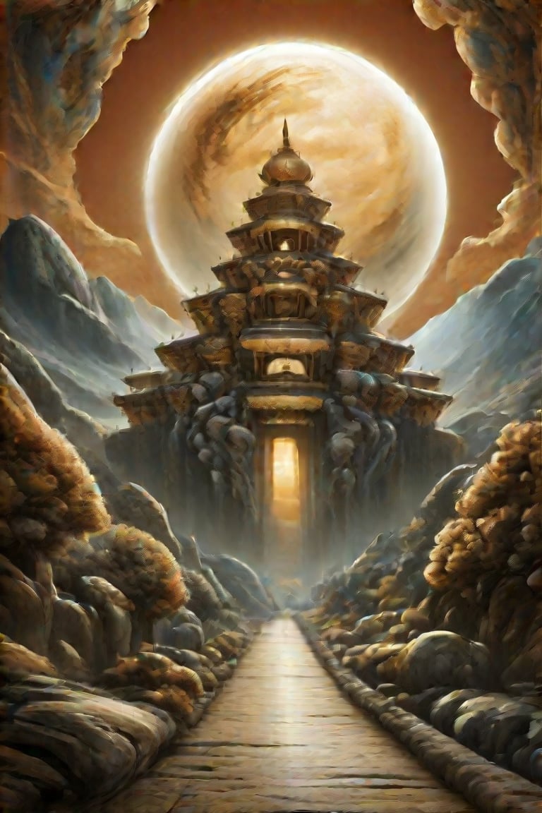 A surreal, futuristic landscape at dusk with a massive, luminous golden moon dominating the sky, casting a warm glow over everything. The moon should be sharp, detailed, and prominent in the foreground. The background should transition into an abstract, painterly environment featuring indistinct forms and shapes suggesting a Tibetan monastery, rendered in a loose, impressionistic style to emphasize mood and atmosphere over detailed realism. The atmosphere should be hazy and diffuse, with the haze or fog being whiter, creating an ethereal and somewhat dystopian feel. Use balanced colors primarily from a palette of grays, blues, and greens to create depth and atmosphere, while incorporating rust-orange, rust-red, rust-brown, rust-yellow, rust-gold, rust-gray, rust-beige, rust-copper, rust-tan, burnt sienna, raw umber, burnt umber, and yellow ochre for accents. These earthy tones should depict worn, weathered, and aged appearances. Incorporate small, distinct accents of rusty orange-yellows and rusty teals to highlight specific areas and enhance visual interest. Ensure the painting blends impressionism and abstraction seamlessly, creating a rich, immersive setting. Utilize Unreal Engine, Octane Render, Hyper Realistic, Cinematic, Epic, and Matte Painting techniques to achieve a high-quality, detailed, and visually striking result."
Lời,Supreme