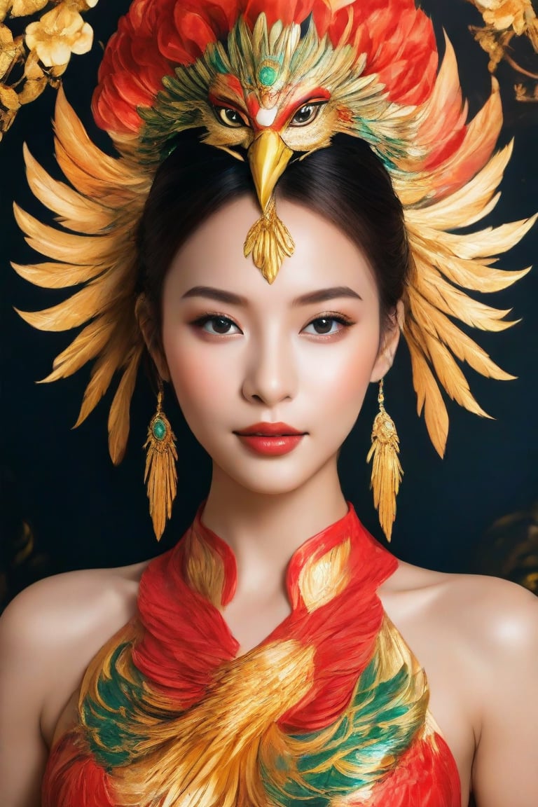 Masterpiece, high quality, high resolution, portrait festive style of a young seductress from Africa, artistically painted face with phoenix motifs, eyes contact,Supreme,portrait sticker,